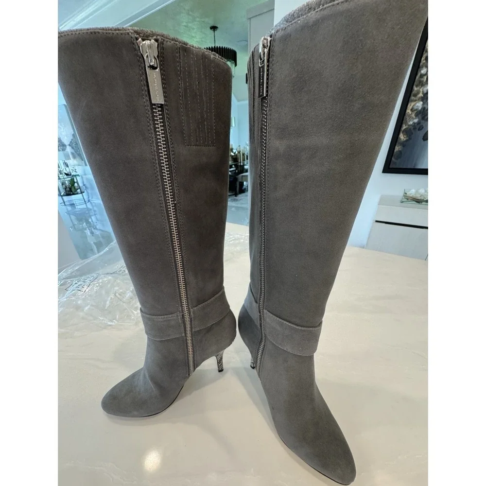 Michael Kors Caroline Boots Womens 5M Gray Suede Embossed Leather KNEE HIGH NIB